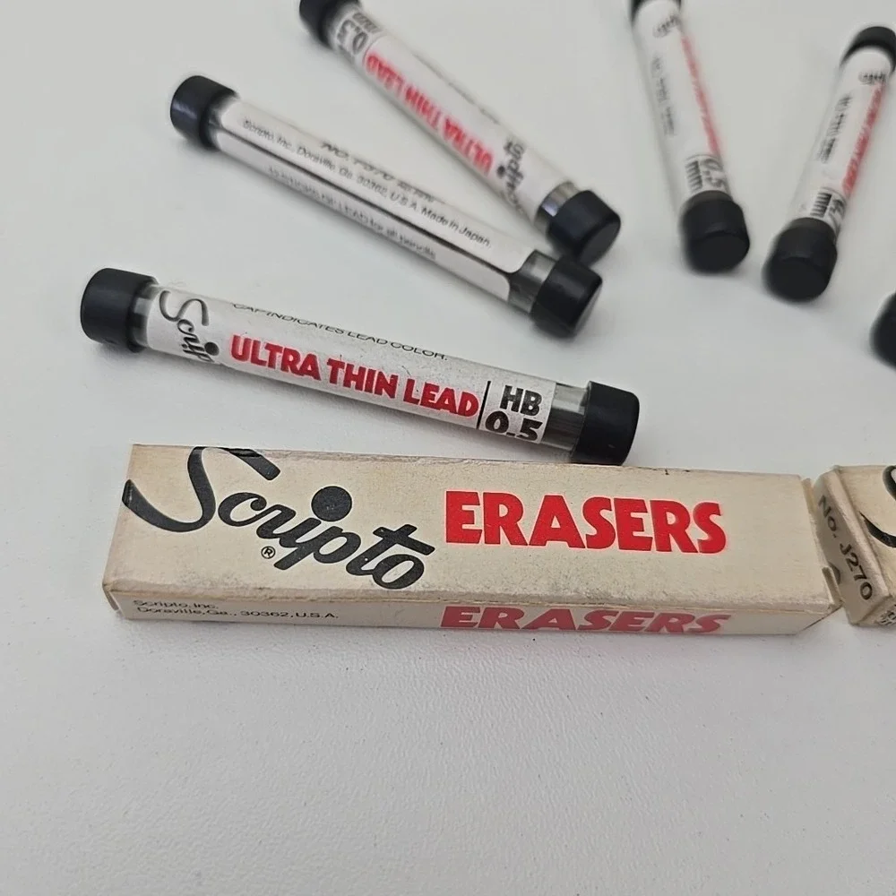 Vintage Scripto F350 & F370 Ultra Thin Lead Pencil Refill Set of 7 Plus Erasers!